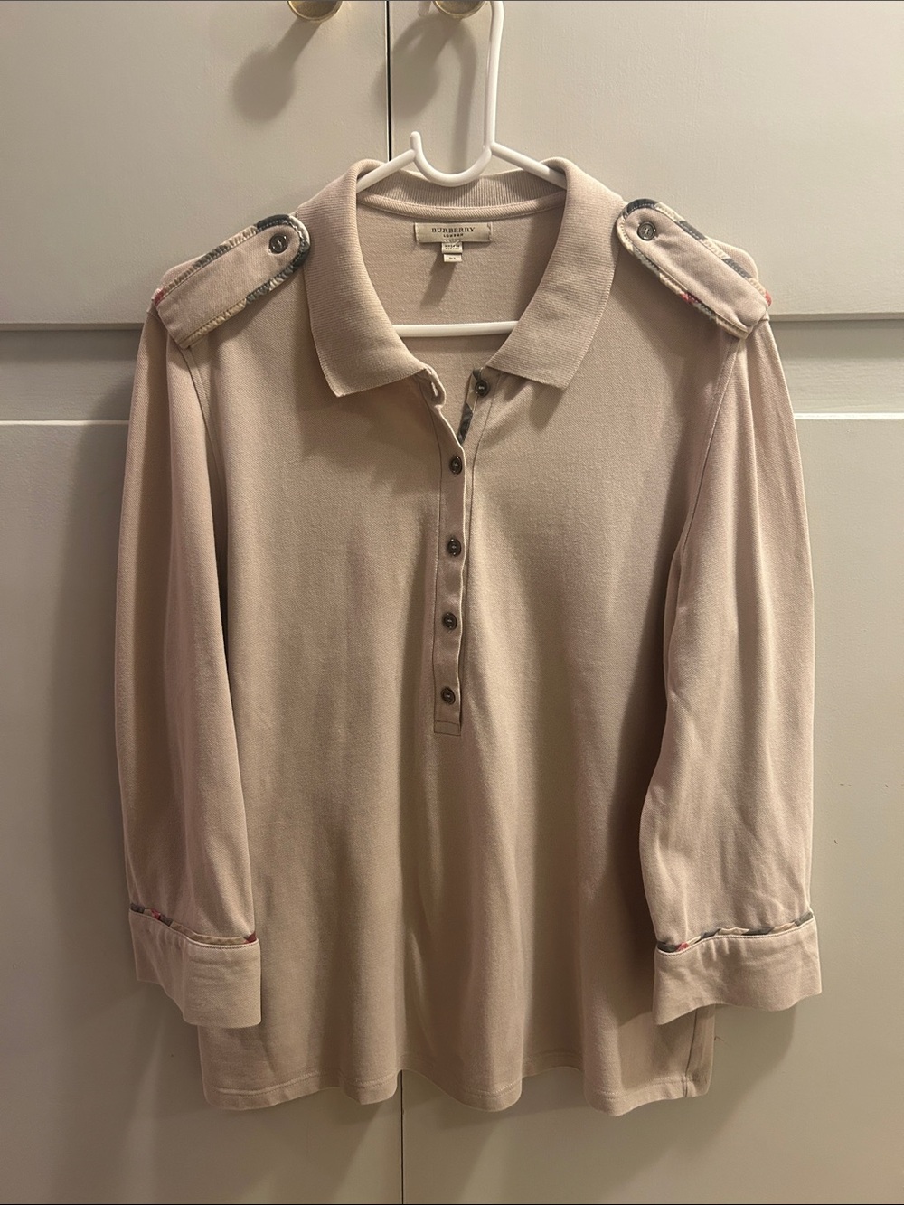Burberry London Women's Beige Button-Front Polo with Epaulet Detail